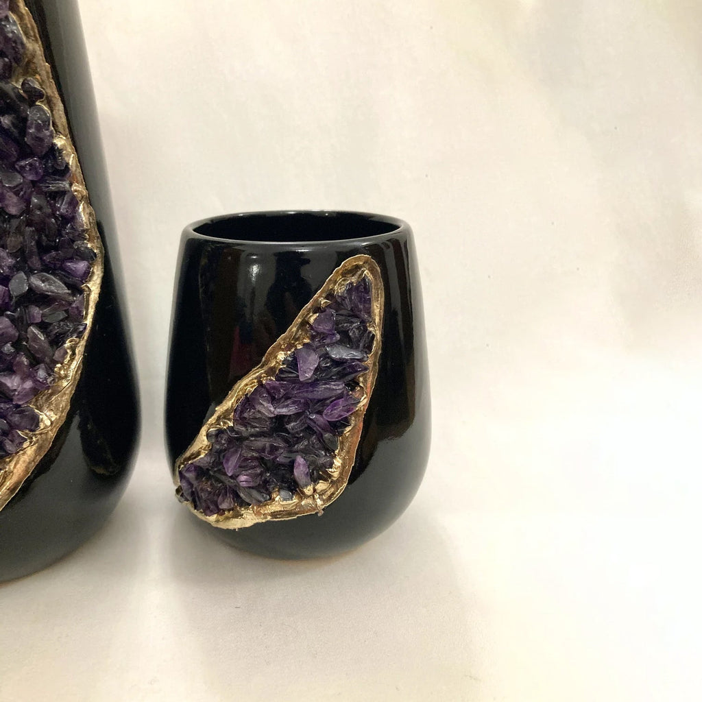 Set of two black ceramic vases with agate crystals product image 4