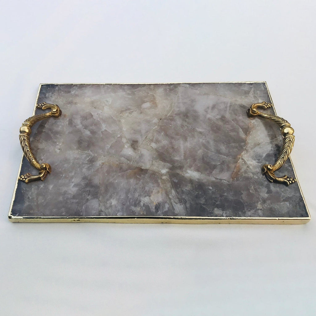 Smoky quartz agate serving tray with brass handles product image 1