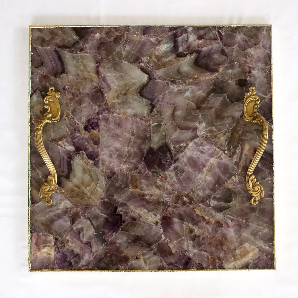 Square amethyst agate serving tray with brass handles product image 5