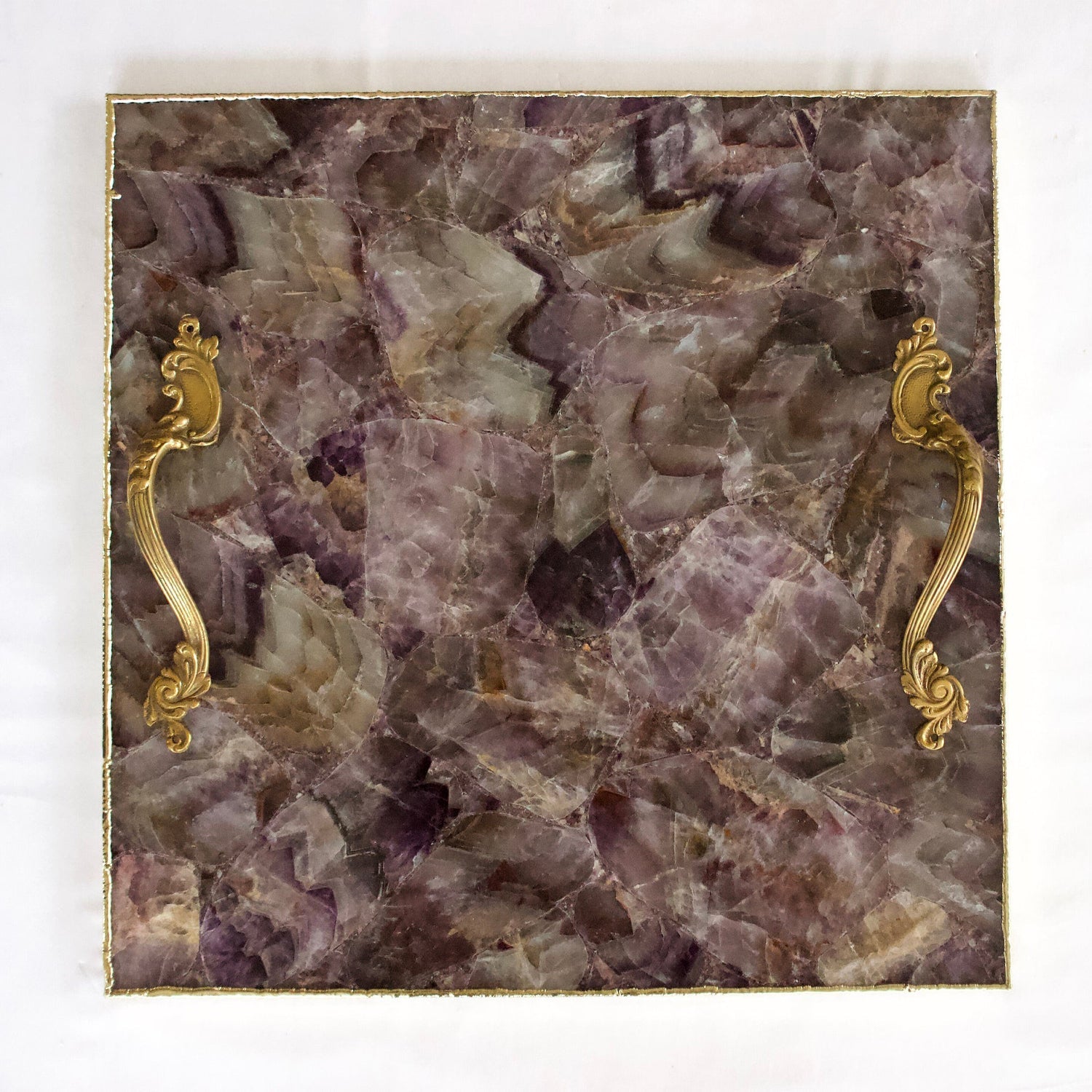 Square amethyst agate serving tray with brass handles product image 5
