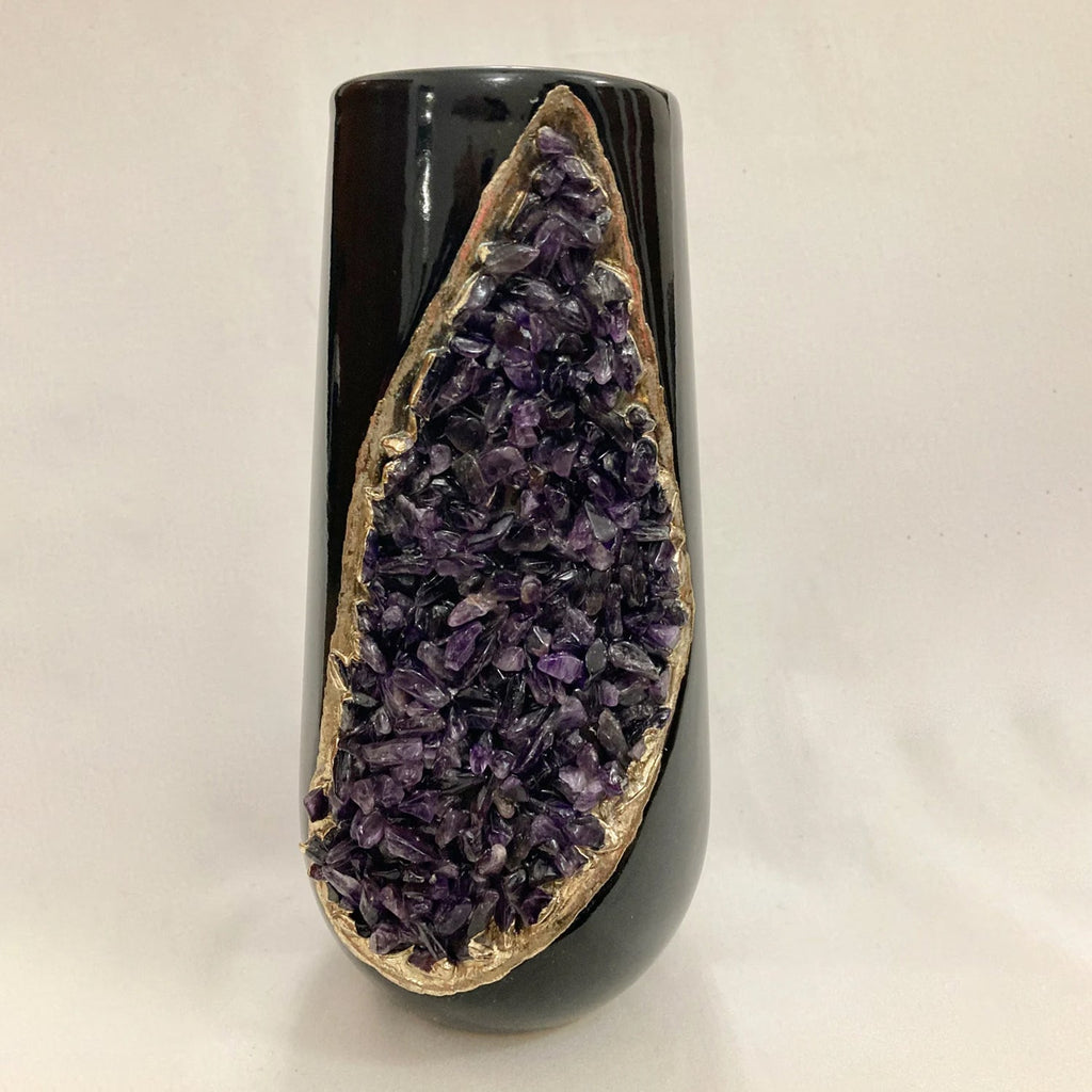 Set of two black ceramic vases with agate crystals product image 1