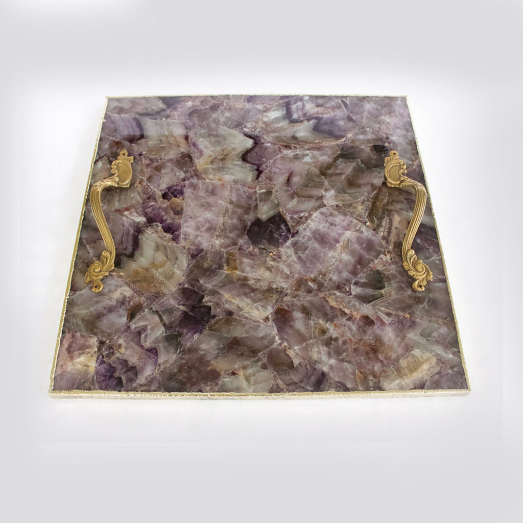 Square amethyst agate serving tray with brass handles product image 4