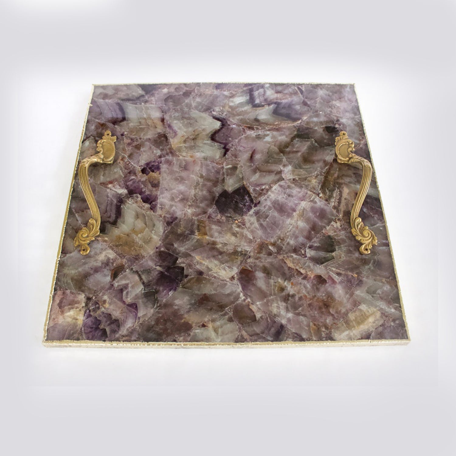 Square amethyst agate serving tray with brass handles product image 4